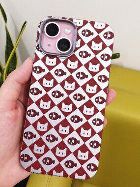 Cute Red Cat & Fish Checkerboard Phone Case | Kawaii Pet Lover Style